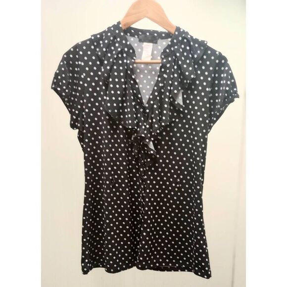 Retro, vintage button down. Ruffled black polka dot blouse size large - Picture 1 of 7